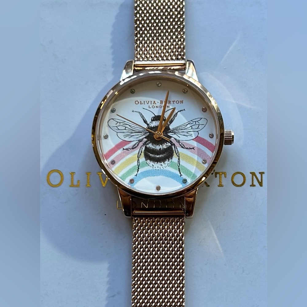 OLIVIA BURTON RAINBOW BEE WATCH WITH 30mm & ROSEGOLD MESHBRACELET